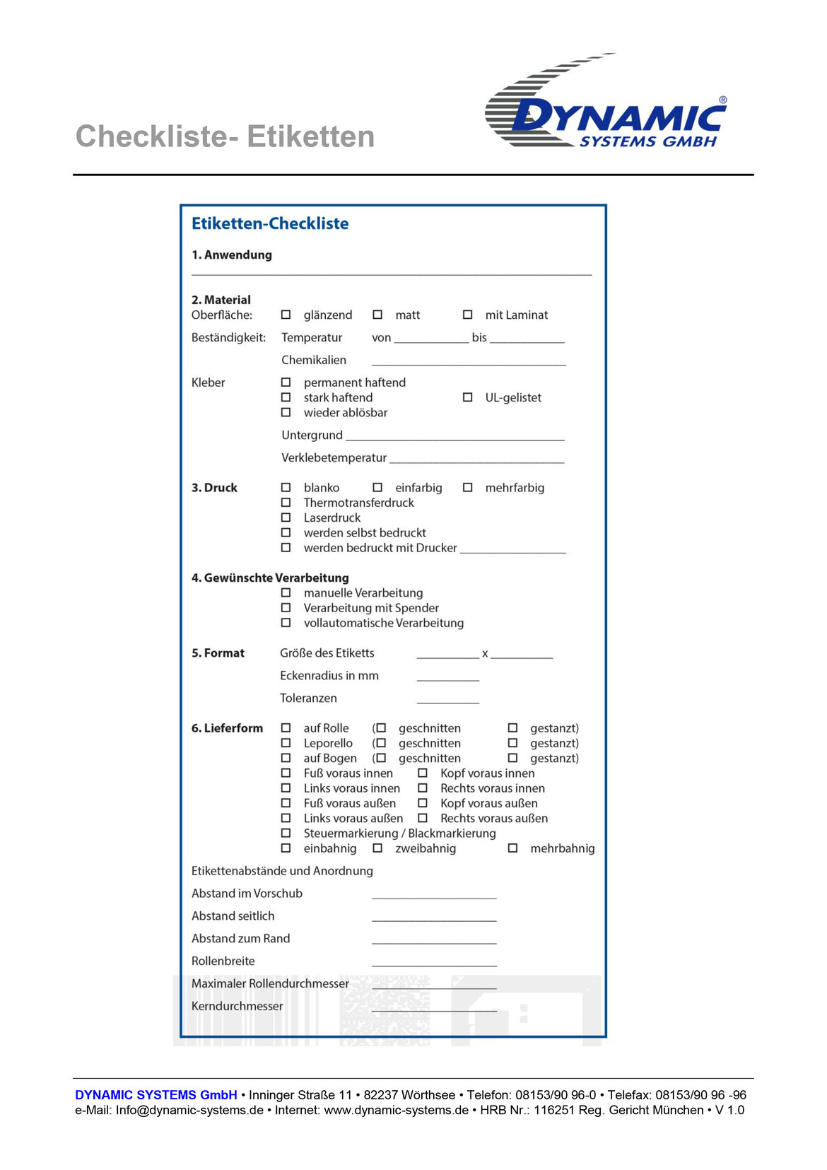 Etiketten Checkliste von Dynamic Systems